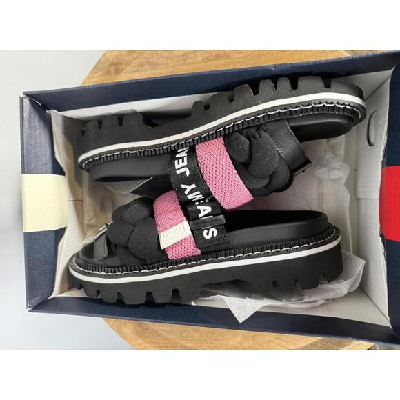 NWB Tommy Jeans Black Pink Braided Strap Slide Sandals Women’s Designer Size 6 - Picture 6 of 10